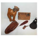 Antique leather items-postcard, stuffed camel,