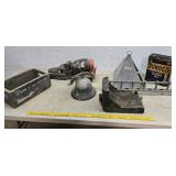 Tin toy, crate, Sunoco oil can, bell