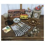 Aftershave, candle, trivets, glasses, clock,