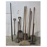 Shovels, pick, bar, sledge hammer