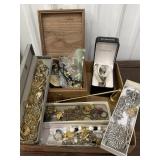 Wooden trinket box and Costume jewelry -