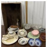 Large wooden box with misc. dishes
