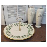 Lenox Christmas tray & 2 vases