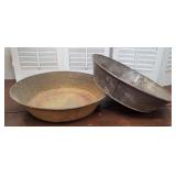 2 Primitive Tin Pans / Basins (1 Has Nice Yellow