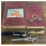 OLD books including Mark Twain. Antique glasses