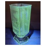 Green glow glass McKee deer & pine vase