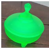 Art Deco Green glow glass - covered powder dish -