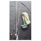 Lot of fishing poles &b HISEA Vinyl Waders, size