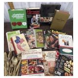 Box cookbooks and gold tone cutlery