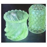 2 Glow green glass toothpick holders - the