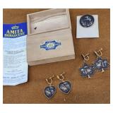 Enameled pin and earrings