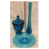 Pretty blue glass vase, bowl & covered pedestal