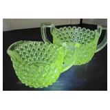 Glow green glass - creamer and sugar