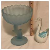 Frosted blue glass pedestal & Art glass swan