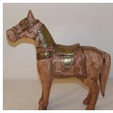 Vintage Hand Carved Wooden Horse w/ Brass Saddle