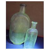 2 Green glow glass bottles - Farmer NY &