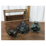 Tool tote, metal cat, pigs & frog