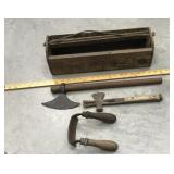 Old wooden tool tote & tools