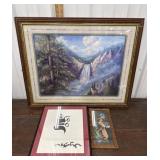 3 framed art - bird, waterfall scene, and Tibetan