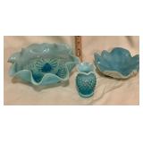 Ruffled blue glass footed bowl, blue hobnail