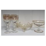 Jeanette Glass Eagle footed bowl with gold trim &