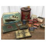 Advertising tins- Lucky Strike, Acme, Rexall,