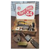 Cigar box of OLD goodies - padlocks, shoehorns,