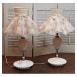 Pair milk glass/ pink plastic shades lamps - The
