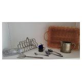 Basket lot - cobalt blue salt, toast holder,