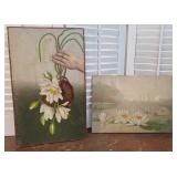 2 Folksy Paintings On Board - Water Lilies