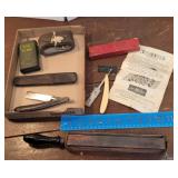Box - razors, military oil can, belt