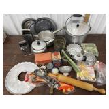 Vintage kitchen lot - flour sifter, rolling pin,
