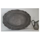 Early pewter platter & creamer - platter is