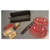 Misc lot - signs, wooden vintage PK lure,