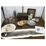 Early box, picture frames, trivets, glasses,