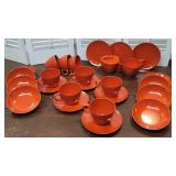 Orange / redish Melamine 5 cups, saucers, creamer