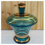 MCM Blue/Gold Banded Lidded Candy Jar (chips to