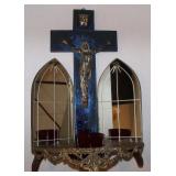 Antique Art Deco Blue Mirror Altar Crucifix w/