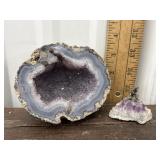 Cut geode and crystal cluster with mini figure