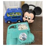 3 plastic lunch boxes - School bus, Mickey, and
