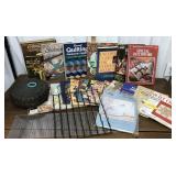 Assorted books & magazines, sewing baskets,