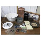 Enamelware bowl, signs, mailbox, mirror, garden