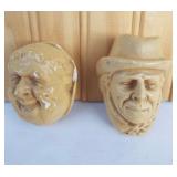 Vintage old man & old woman chalkware heads -