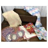 Doll cradle & vintage linens- blankets, apron,