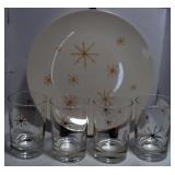 Mid Century Atomic Star Glow 9 1/2" Plate & 4