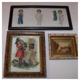 Antique 2 Prints & Small Oil on Board Painting