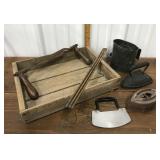 Drawknife, chopper, box, irons, sifter etc