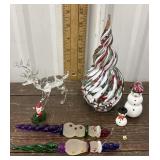 Christmas art glass snowmen, deer, mini Santa and