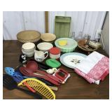 Vintage bowls, tablecloth, Tupperware,