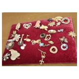Broches on red velvet display